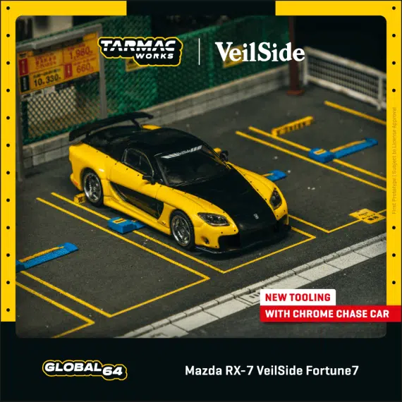 Tarmac Works 1:64 GLOBAL64 Mazda RX-7 VeilSide Fortune7 Yellow / Black T64G-075-YE