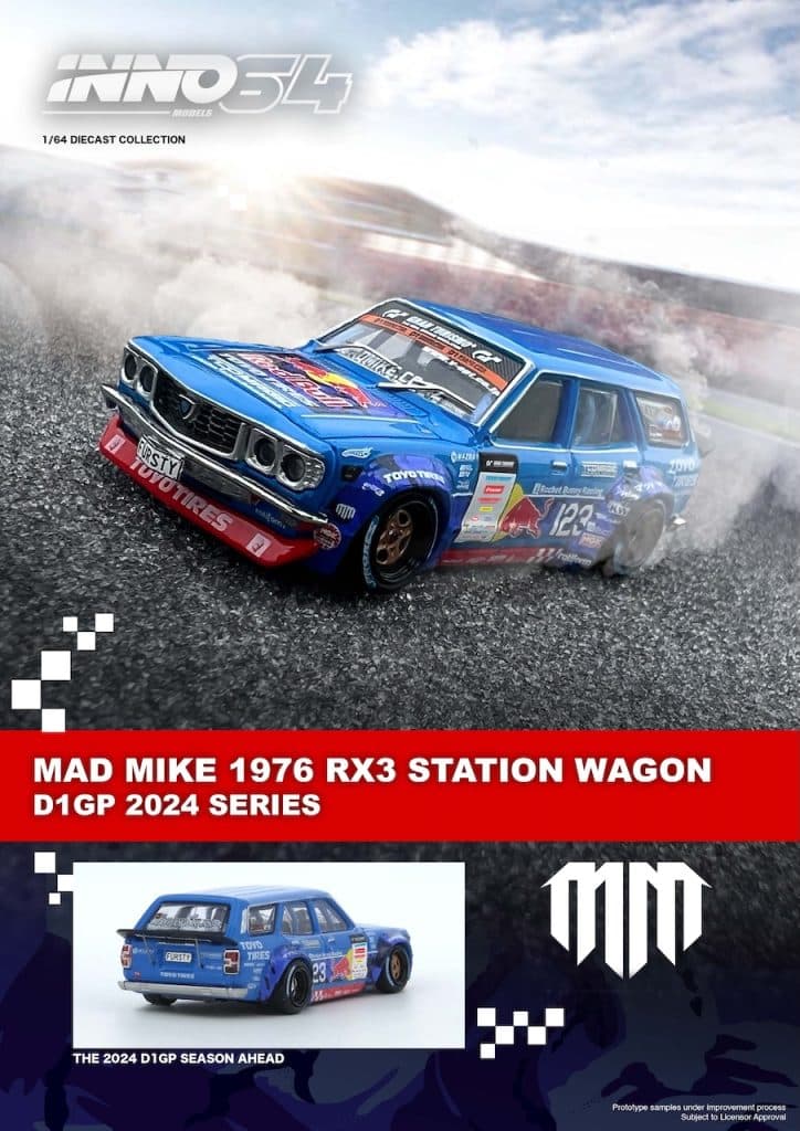 INNO64 1:64 MAD MIKE 1976 MAZDA RX3 Station Wagon D1GP Series 2024 IN64-RX3P-D1GP24
