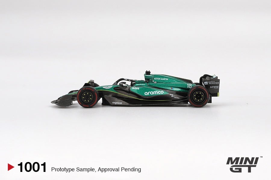 MINI GT No.1001 Aston Martin AMR24 #18 Lance Stroll 2024 F1 2024 Bahrain GP MGT01001