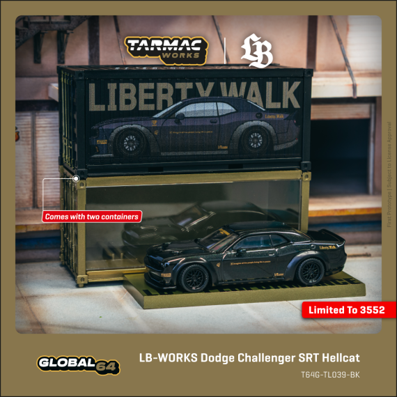 Tarmac Works 1:64 GLOBAL64 LB-WORKS Dodge Challenger SRT Hellcat Black Metallic with 2 containers T64G-TL039-BK