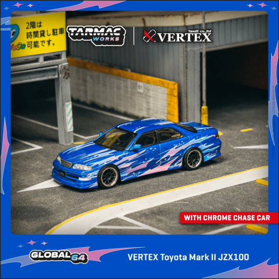 Tarmac Works 1:64 GLOBAL64 VERTEX Toyota Mark II JZX100 Blue Metallic T64G-024-BL